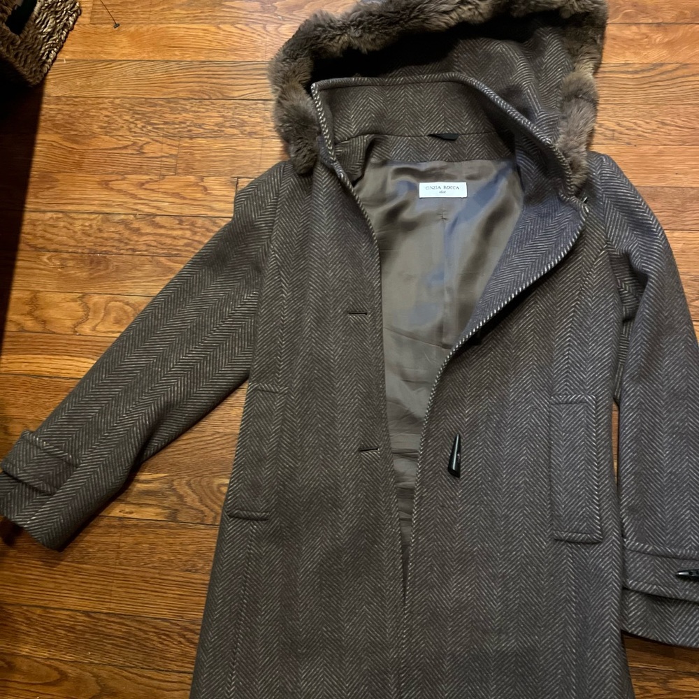 Cinzia Rocca classic fur trim hooded pea coat .